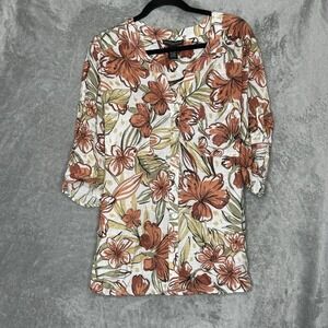 Preswick & Moore 2X Top Shirt Brown Floral Flower Button Up Short Sleeve V Neck